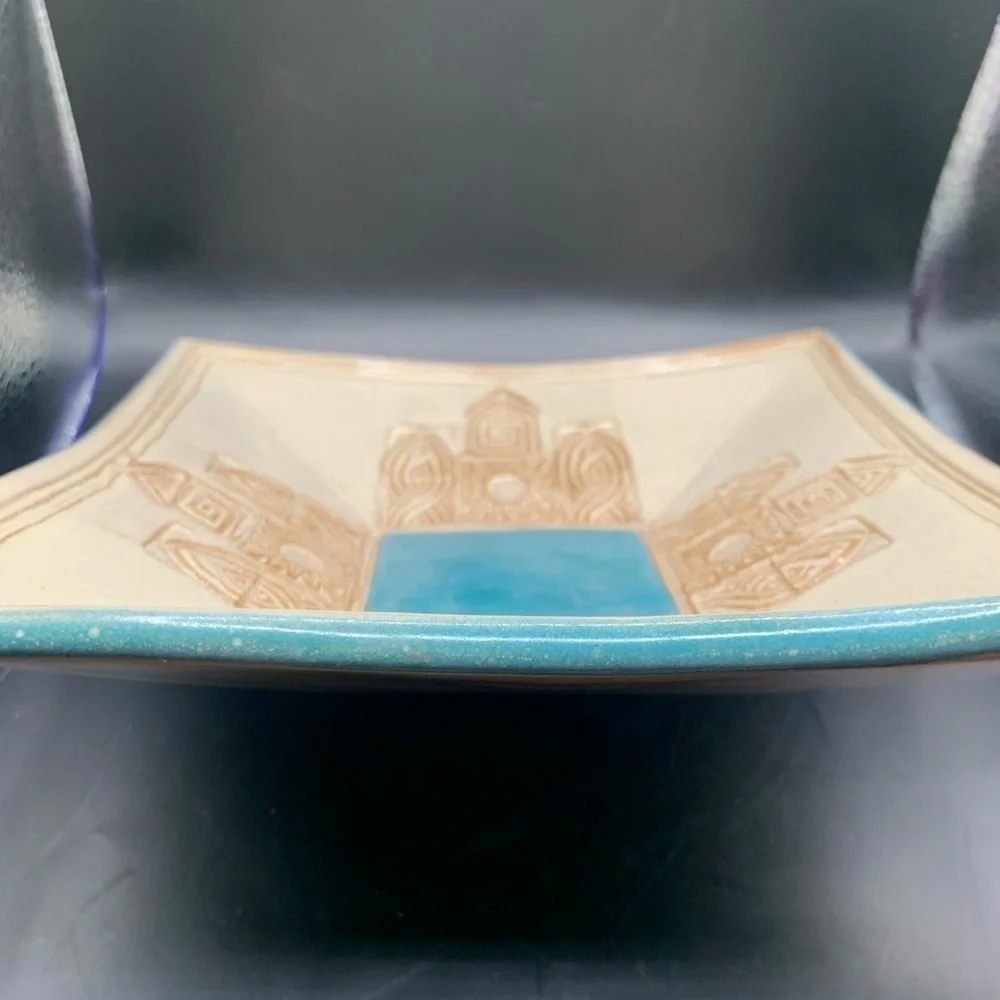 Console Dish MCM hand crafted‎ Ceramic Turquoise w/Aztec design-has hook …